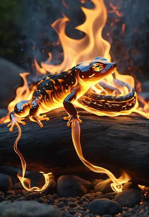 campfire: Salamander (wisp) creator of campfire flames, crackling flames, fire heat, glowing embers, flickering light, shadow, flickering smoke, warm campfire glow (best quality, 16k, masterpiece: 1.2) ultra-detailed, (realistic, photorealistic, photo-real...