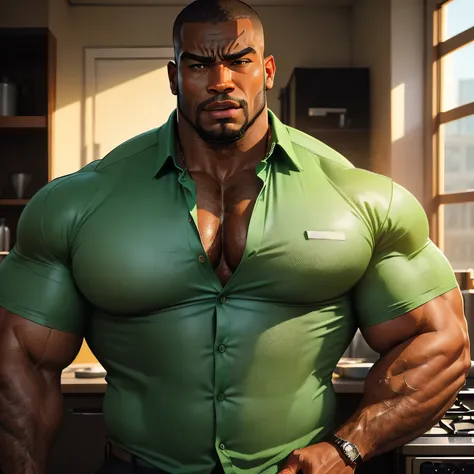 an exaggeratedly muscular and large bodyguard, beefy build, beard, dark-skinned african american male, buzzcut hair with square line, (surprised expression: 1.2), (wearing unbuttoned green business shirt: 1.2), open shirt, small name tag on shirt, (bara pe...