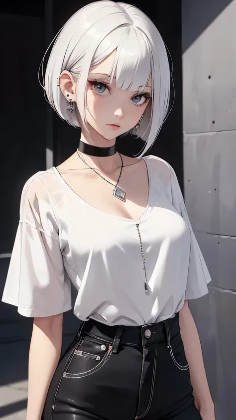 best quality, super fine, 16k, incredibly absurdres, extremely detailed, beautiful cute girl with cool model-like figure, silvery white short bob cut, bangs, white open-necked shirt, platinum Piercings, platinum necklace, slender perfect proportion, black ...