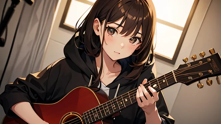 portrate of japanese 1girl,22yo,detailed face ,Brown hair, white hoodie,hand on guitar, sitting, recording studio,dim lighiting