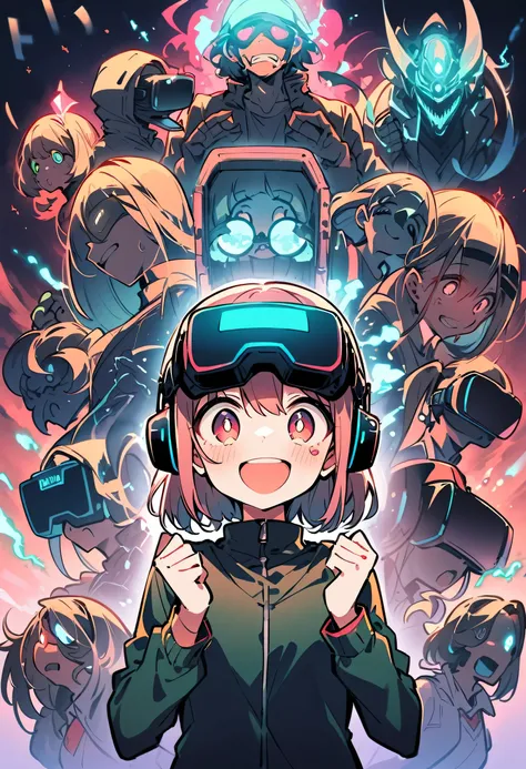 highest quality、High resolution、Detailed Background、Anatomically correct、Detailed facial expressions、The evolution of VR technology、
A girl excited with VR goggles、I&#39;m extremely excited、
His eyes are wide open and he is immersed in the experience insid...