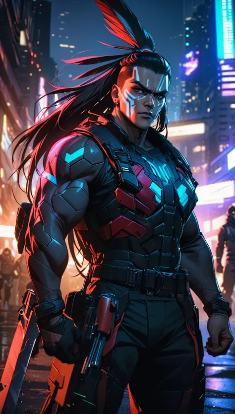 Masterpiece, highest quality, 4k, modern superhero man, native american warrior, advanced body armor, cyberpunk armor, dual tomahawks, intimidating warpaint, cinematic lighting, city background