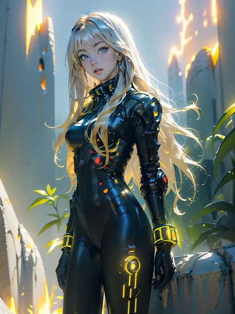 ((masterpiece, best quality, extremely detailed), volumetric lighting, ambient occlusion, colorful, glowing), 1girl, solo, young girl, (golden hair), long hair, halo, aura, sacred, godness, cyber suit, (black outfit:1.3), android, bot, angel wings, outdoor...