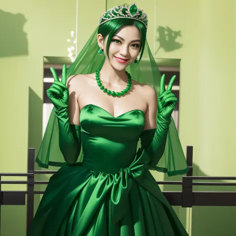Emerald tiara, Green Pearl Necklace, Boyish very short green hair, lipstick, Smiling Japanese woman, Very short hair, big and beautiful, Green Eyes, Long green satin gloves, Green Eyes, v sign, emerald earrings, Green veil