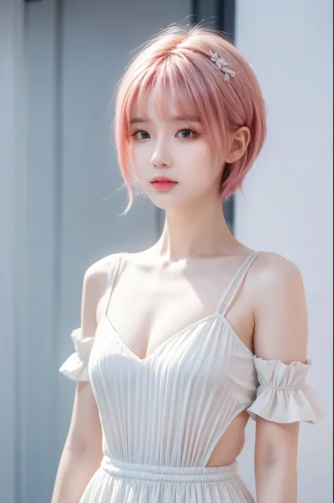 Alcanevi, A woman with medium-short pink hair wearing a white dress, female face, Unreal Engine Character Art, portrait