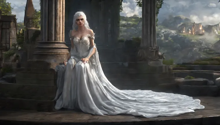 Realistic,8k,In the dark,silver-haired elf princess,sad look,elf Beautiful princess,whole body,bulging chest,beautiful pure white dress,20s in human age