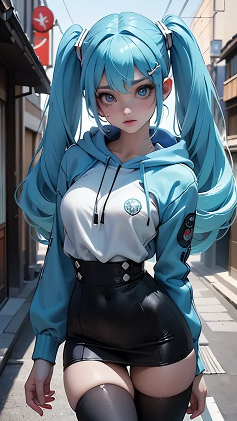 (La mejor calidad,A high resolution,Ultra - detallado,actual),Ariana Grande se parece a Rei Ayanami con cabello medio liso, vistiendo minifalda plisada blanca y auriculares streetwear, passion blue hoodie, en el pecho dice &#39;Funk del futuro&#39;, amidst...