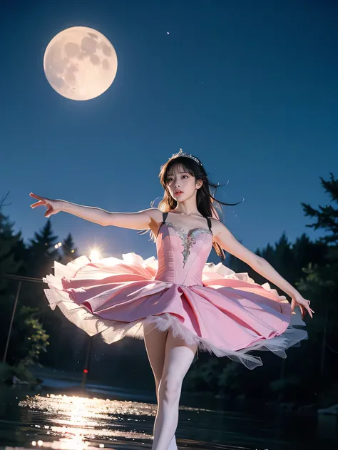 fancy, high quality, 8K, realistic,photo realistic,RAW photos,photography,high resolution, ultra high definition, best quality,dramatic lighting, glitter effect, from below, midnight, moon, ballet、Swan Lake、lake in deep forest、I see a castle in the distanc...