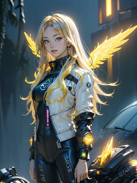 ((masterpiece, best quality, extremely detailed), volumetric lighting, ambient occlusion, colorful, glowing), 1girl, solo, young girl, (golden hair), long hair, halo, aura, sacred, godness, cyber suit, (black outfit:1.3), android, bot, angel wings, outdoor...