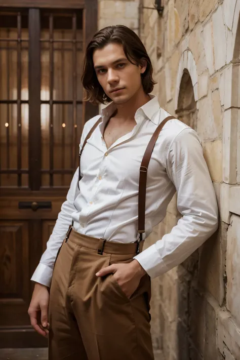 a young guy in a white shirt with long wide sleeves and brown suspenders in brown trousers, dark hair, Blue eyes, funny, mischievous, libertine, brandy, seducer, medieval style