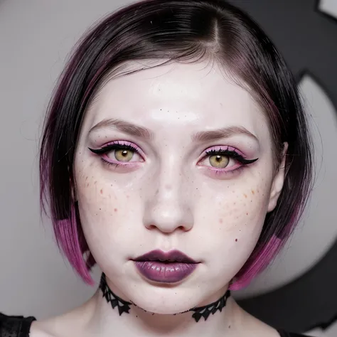 feminine goth person with pale skin, garnet colored eyes, a lot of freckles, black hair cut into a bob, very pink cheeks, black lipstick, and eyeliner. Their nose is slightly hooked and narrow. Their bangs are cut straight across their forehead. 