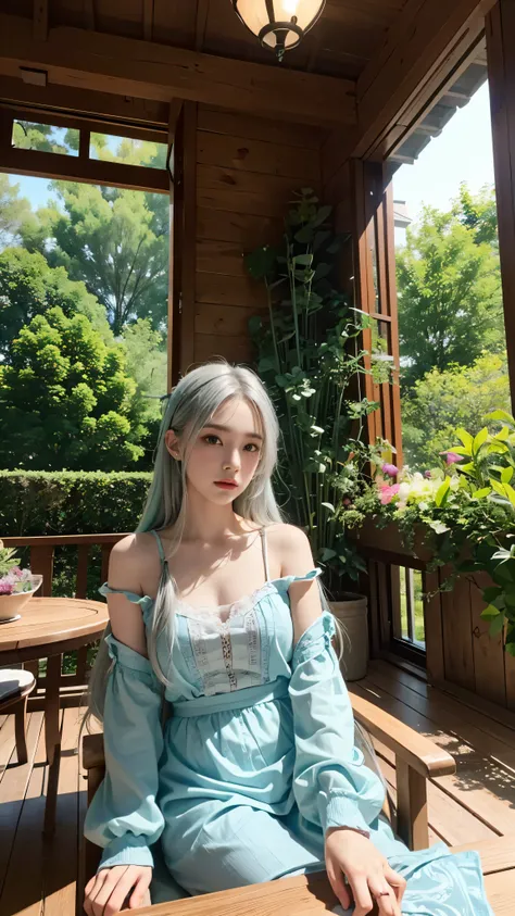 1girl、solo、Sitting in the summer house with a slight frown(Zoom in:1.2)、Ultra-detailed, ultra-realistic rendering、Top quality and masterpiece finish、(Cinematic lighting to illuminate the scene:1.1)、Outdoor Setting、(Summerhouse with intricate carvings and o...