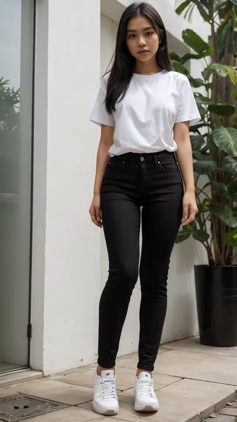 Girl, black jeans, white tshirt, full body, indonesian face