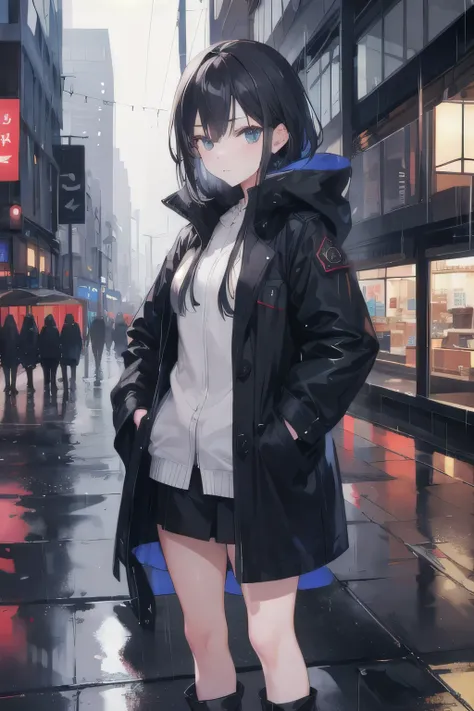 1 Girl,of the night city,rain,coat,Hands in pockets,black stockings