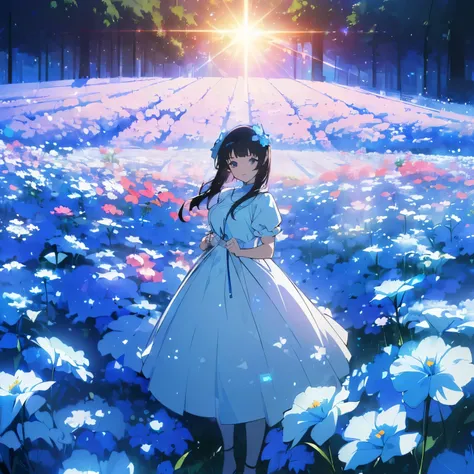 ((((masterpiece, best quality, ultra detail, very_high_resolution, large_filesize, full color)))), Beautiful blue and white nemophila flowers bloom all over the place., A girl is standing looking at me, Very pretty and beautiful woman, She looks so happy a...