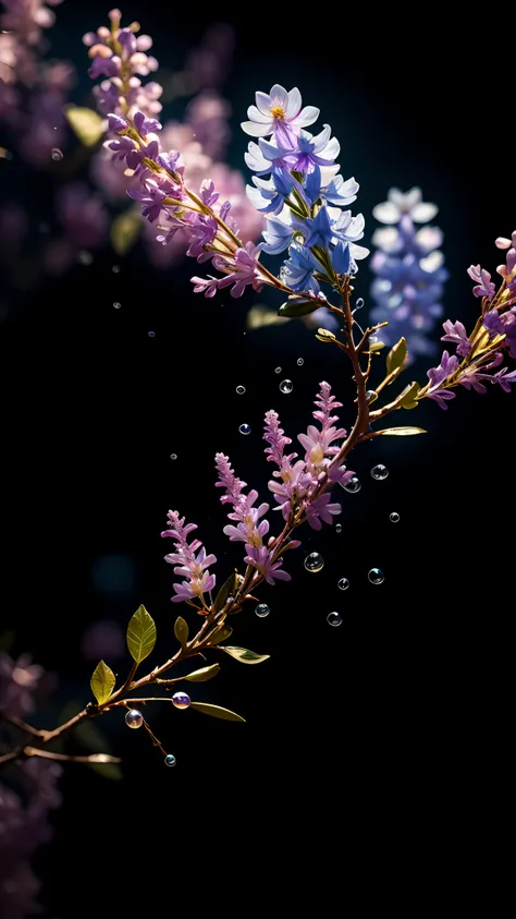 Delicate lilac branches, Ultra-transparent, holy Light, beautiful spectral Light, 花瓣发Light, Flash, Dark background, drops of transparent Light, reflective Light, bright, Light streaming in, Light学, Portrait Profile, Sharp focus, magic, Wheels within wheels...