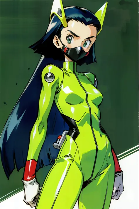 by Ken Sugimori, sugimori 1990s, ((only 1woman)), 1 woman, superhero, helmet, face mask, green jumpsuit ((hands behind their back)), full black pupils, manga, best quality, highly detailed, clean lines, cowboy shot, good hands, good eyes, hd, 8k, professio...