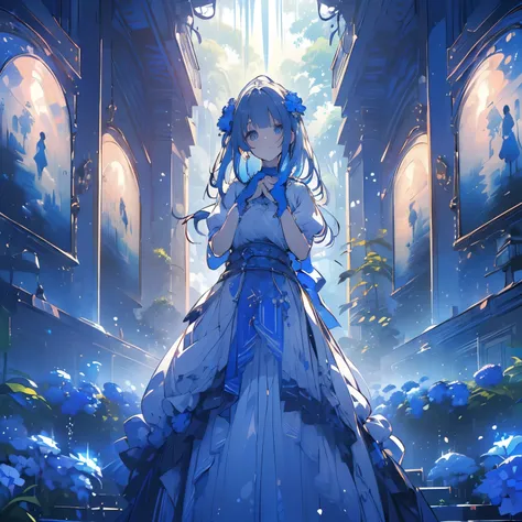 ((((masterpiece, best quality, ultra detail, very_high_resolution, large_filesize, full color)))), Beautiful blue and white nemophila flowers bloom all over the place., A girl is standing looking at me, Very pretty and beautiful woman, She looks so happy a...