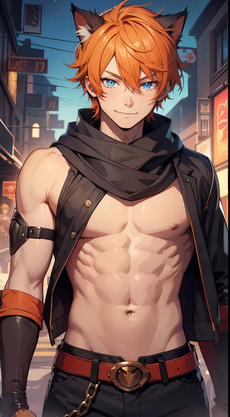 Young guy, short orange hair, cat ears, blue eyes, open torso, Battle mantle, Smile, Masterpiece, hiquality