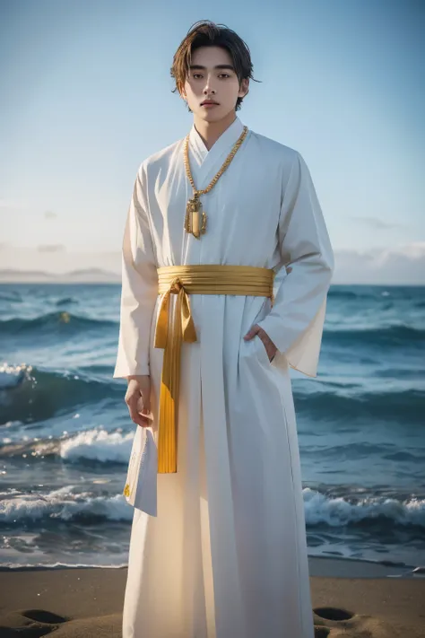 A beautiful young man，Wearing religious clothing，Standing by the sea，Golden eyes，There are bells and colorful ribbons on the clothes，The expression was solemn