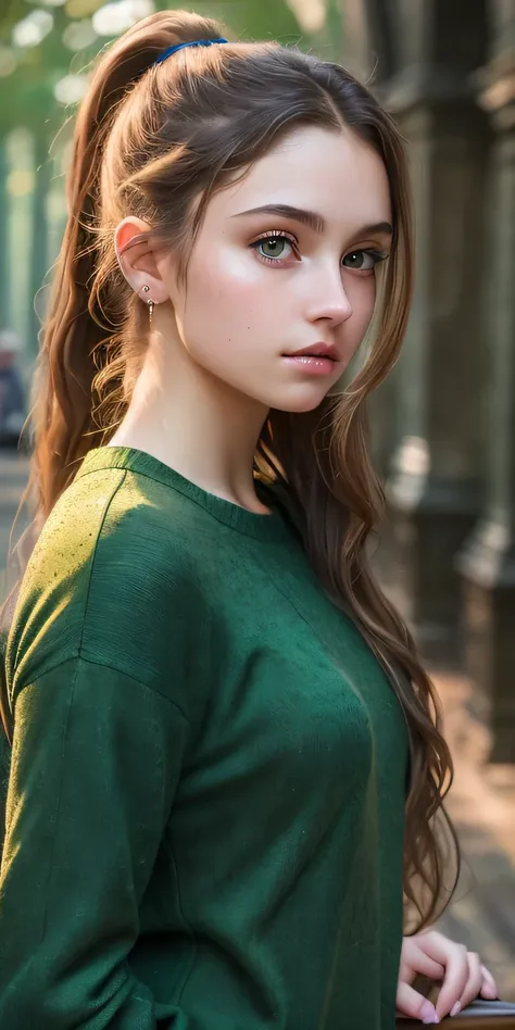 photo of a 16-year-old Caucasian girl, RAW, beautiful woman, ( long  brown hair in a ponytail), ((portrait)), ((detailed face: 1.2)), ((detailed facial features)), (finely detailed skin), pale skin, highly detailed deep neckline, shirt and sweater and legg...