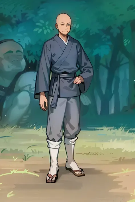 Cartoon characters wearing traditional temple clothes standing in the field, Shikanosuke Yagaki, Inspired by Toshusai Sharaku, Ueshiba Riichi, Inspired by Zhou Wentianchong, Kenji Tsuruta, Inspired by Dongyang Sesshu，Grey Sleeve，Monk，Baldness