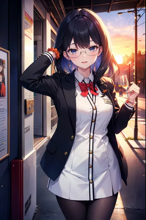 Rikka body, rikka takarada, Black Hair, blue eyes, Long Hair, happy smile, smile, Open your mouth,orange Scrunchie, Scrunchie, wrist Scrunchie,OL, Akagi glasses,  black suit jacket, Collared jacket, White dress shirt, Collared shirt, Neckline, button, Blac...