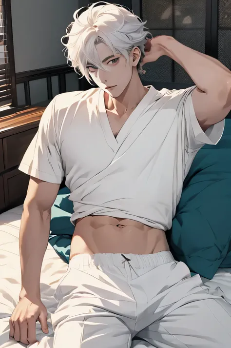 arafed man laying on a bed with his shirt raised up, exposed his muscle, white hair, handsome anime pose, handsome japanese demon boy, beautiful androgynous prince, attractive pose, male anime style, with abs, twink, cai xukun, delicate androgynous prince,...