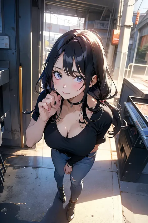 a woman wearing a black top and blue jeans posing，seductive anime girl，anime cute art style，attractive anime girl，female anime c...