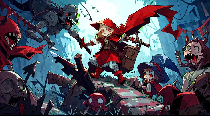 Cartoon character holding a sword and a demon on a rock, Darkest Dungeon art style, thief little Red Riding Hood, red hooded mage, inspired author：Johannes Helgesen, author：Johannes Helgesen, dressed in a beautiful Red cape, Darkest Dungeon style, Red cape...