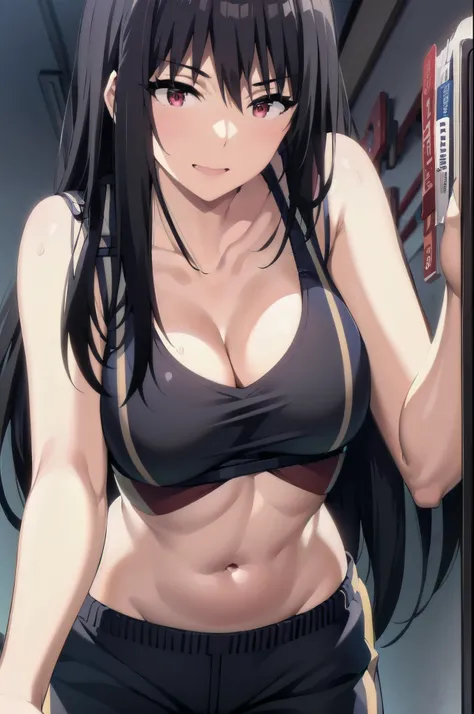 1girl,black hair,red eyes,medium breast,narrow waist, masterpiece, best quality, photorealistic, yujiasuit, yoga sports bra, yoga pants, 1girl, solo, , yoga ball, pants, looking at viewer, smile, green sports bra, simple background, , midriff, long hair, b...