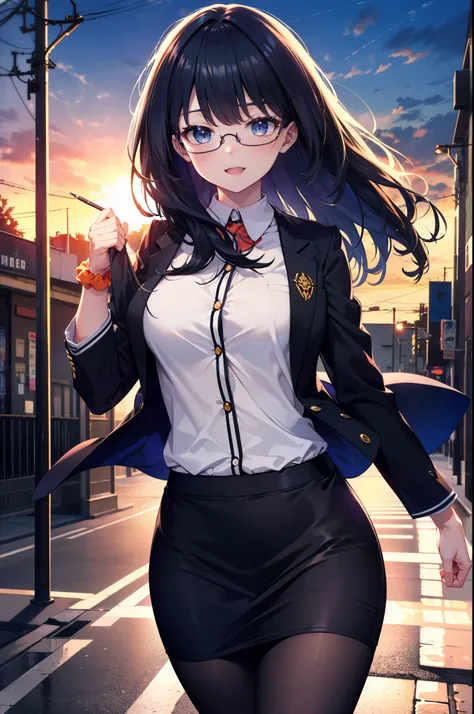 Rikka body, rikka takarada, Black Hair, blue eyes, Long Hair, happy smile, smile, Open your mouth,orange Scrunchie, Scrunchie, wrist Scrunchie,OL, Akagi glasses,  black suit jacket, Collared jacket, White dress shirt, Collared shirt, Neckline, button, Blac...