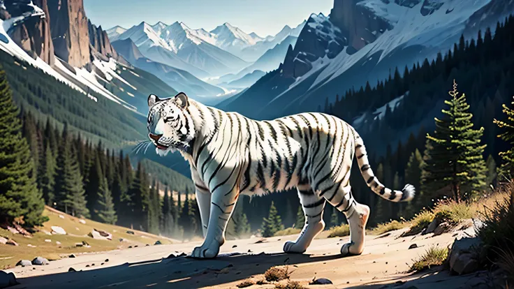 Mountains and forests，A white tiger，tall，strong，roar，Going down the mountain，whole body