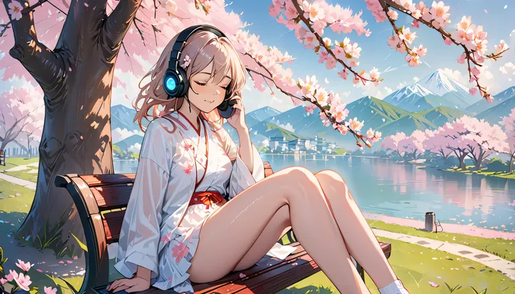 ((best quality)), ((masterpiece)), (detailed), perfect face, sitting under the cherry blossom tree, listening to music, One woman, wearing headphones, eyes closed, wearing underwear, underwear is transparent, sitting on a bench
