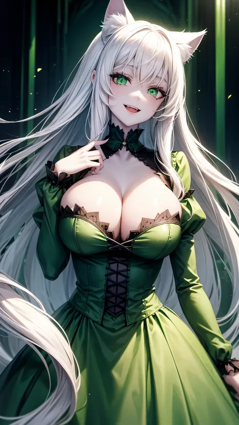 1girl, cat ears, long white hair, green eyes, green gothic dress, dark green lighting, pale skin, vampire, sharp colors, huge breasts, detailed, perfect, happy, smile