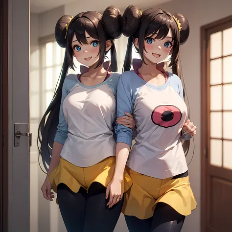 masterpiece, best quality, detailed, atmospheric lighting, rosa, double bun, visor cap, 1girl, pov blue eyes, smile, pantyhose, raglan sleeves, brown hair, yellow shorts, legwear under shorts, double bun, black pantyhose, 1girl, open mouth, blush, long hai...