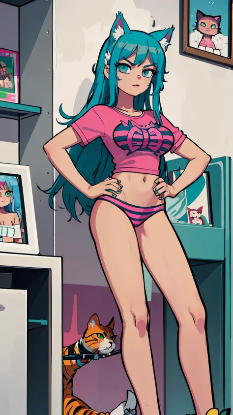 Masterpiece, best quality, high resolution, 1 woman, Long blue hair with pink stripes, smooth, green eyes, Bored face , cat ears , pink t-shirt , black bikini , abdomen, big breasts , Long legs , stand on your hips , canvas shoes , convenience store