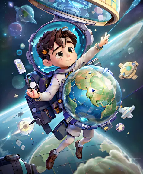 (masterpiece、best quality、best quality、official art、a little boy traveling in space，map cards floating around,suitcases floating...