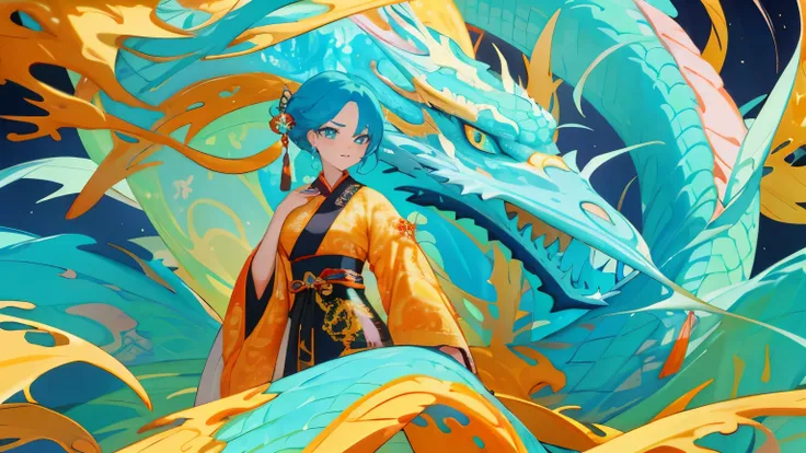 *8K masterpiece, highest quality, highest quality, Official Art, (beauty and aesthetics: 1.3), Very detailed, (Fractal Art: 1.3), colorful, ice and chinese dragon, serpentine body, nail, cyan and 1 Woman, Hanwomen&#39;s Media, Hanfu, cyan