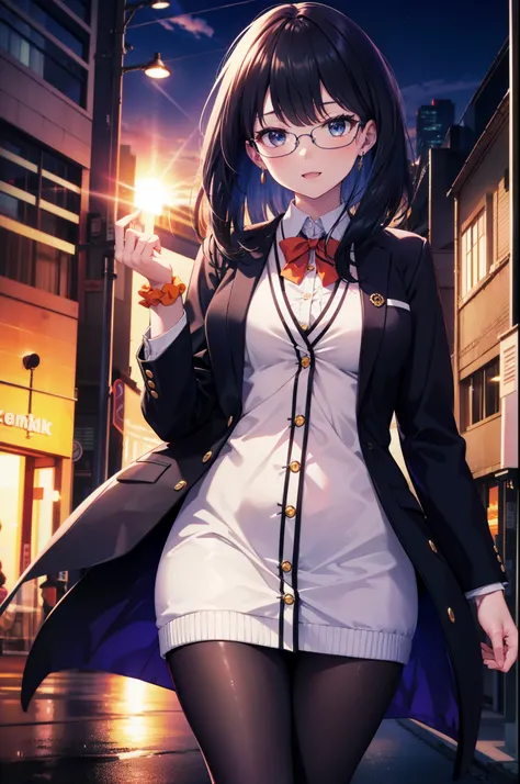 Rikka body, rikka takarada, Black Hair, blue eyes, Long Hair, happy smile, smile, Open your mouth,orange Scrunchie, Scrunchie, wrist Scrunchie,OL, Akagi glasses,  black suit jacket, Collared jacket, White dress shirt, Collared shirt, Neckline, button, Blac...