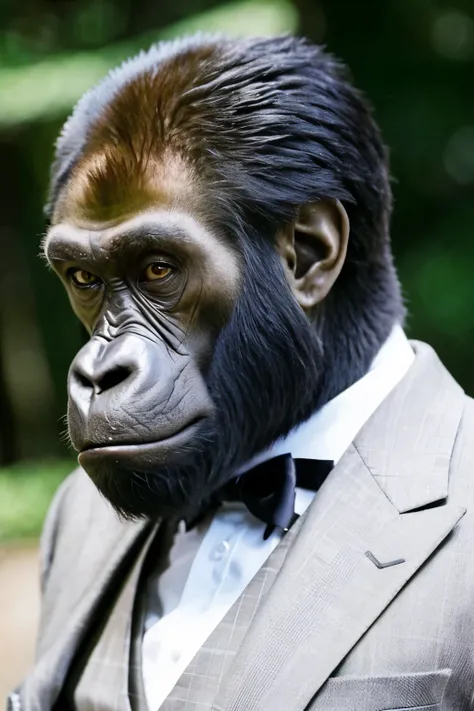 Handsome gorilla with crew cut. Not a human, but an animal gorilla. Wearing a suit. Manga-like.
