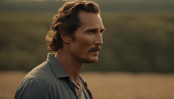 a closeup of a Matthew McConaugheys standing in his farming field