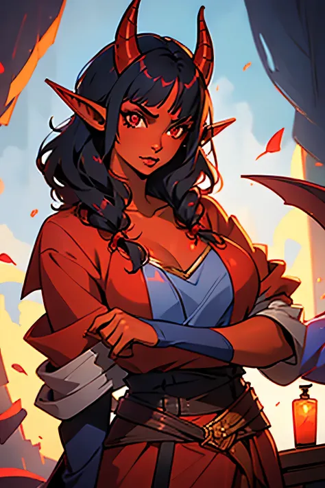 1 mature girl, tiefling, solo, red-skinned girl, red skin, black hair, long black hair with curtain bangs, elf ears, red eyes, horns on forehead, oni horns, 8k, highdef, ultrares, high quality face, high quality