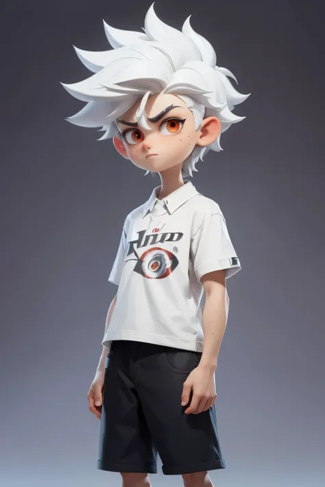 masterpiece, best quality, 8k, cinematic light, ultra high res, A 23 year old teenager, The characters height is half the background image , shorts, spiked head, white hair, Old white shirt, red eyes full body:1.2), freckles, standing,