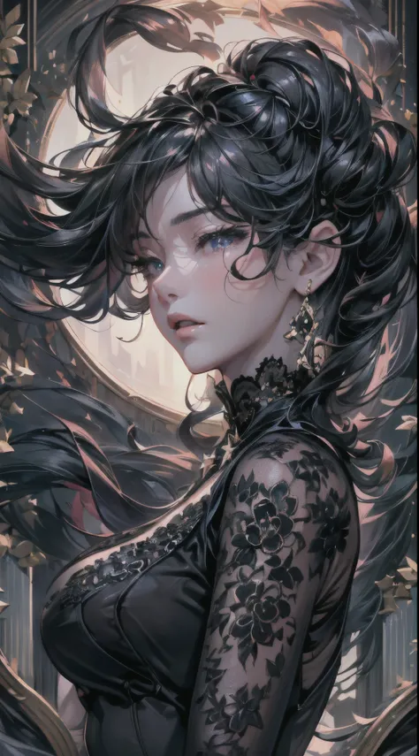 (best quality, masterpiece, detailed, 8K) An anime-style masterpiece portrays a regal (woman clad in black lace1.5). Her flowing obsidian hair frames her emotive eyes as she casts a penetrating gaze. The (intricate black lace1.6) of her outfit enhances her...