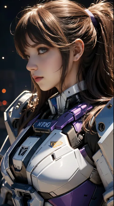 RAW, Masterpiece, Ultra Fine Photo,, Best Quality, Ultra High Resolution, Photorealistic, Sunlight, Full Body Portrait, Stunningly Beautiful,, Dynamic Poses, Delicate Face, Vibrant Eyes, (Side View) a close up of a woman in a pink and white gundam custume,...