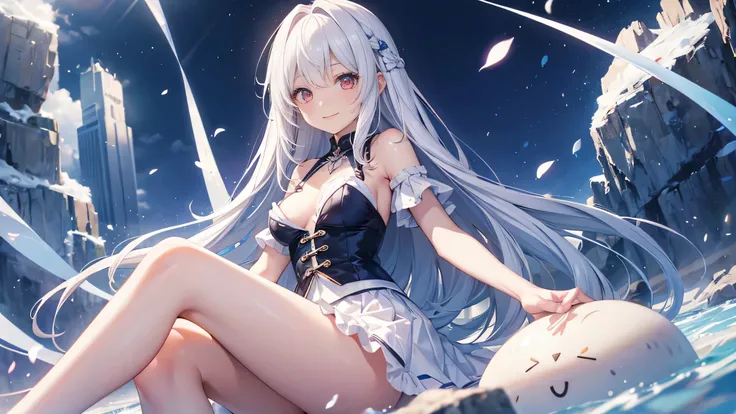 Very cute girl、(11 years old)、White Hair、Long Straight Hair、Bangs are too close to the eye、Light red eyes、(Normal human ear)、Thin arms、Beautiful body、Slim legs、Shapely breasts、Transparent white skin、smile、(T-Shirtini skirt、White and blue)、I can just make o...