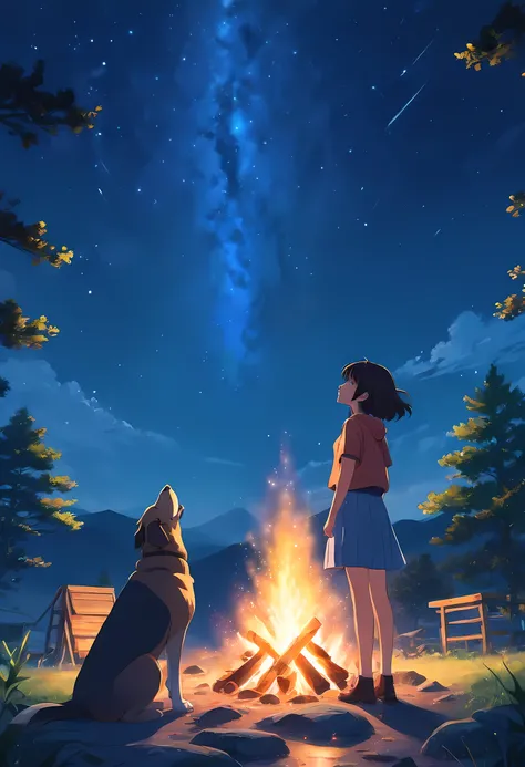 A girl looking up at the starry sky and a large dog, Campfire, midnight