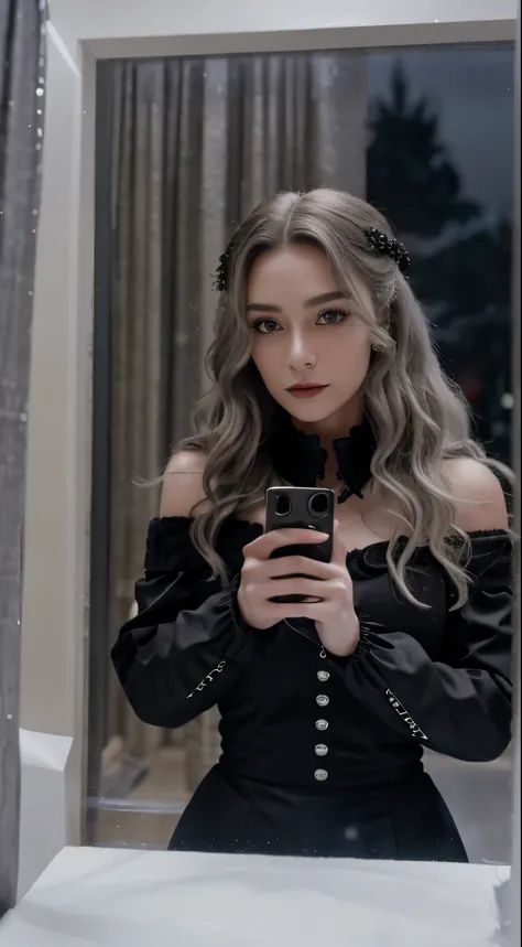 Selfie shot Beautiful detailed shoulder length gray wavy hair, pale, , Gothic, emo, wearing Gothic apparel, Selfie photo, One,, (Night selfie in winter), very detailed,gorgeous face, a high resolution, masterpiece, Best quality, complex high detail, very d...