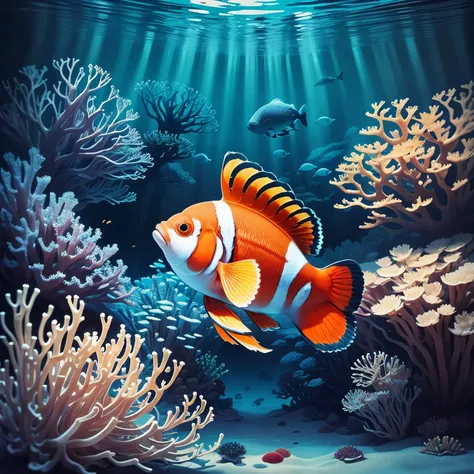 best quality,ultra-detailed,realistic,colorful clownfish in a vibrant coral reef,fascinating underwater world,tropical marine ecosystem,anemone-lined seabed with colorful coral formations,sea anemone swaying gently in the current,playful clownfish swimming...